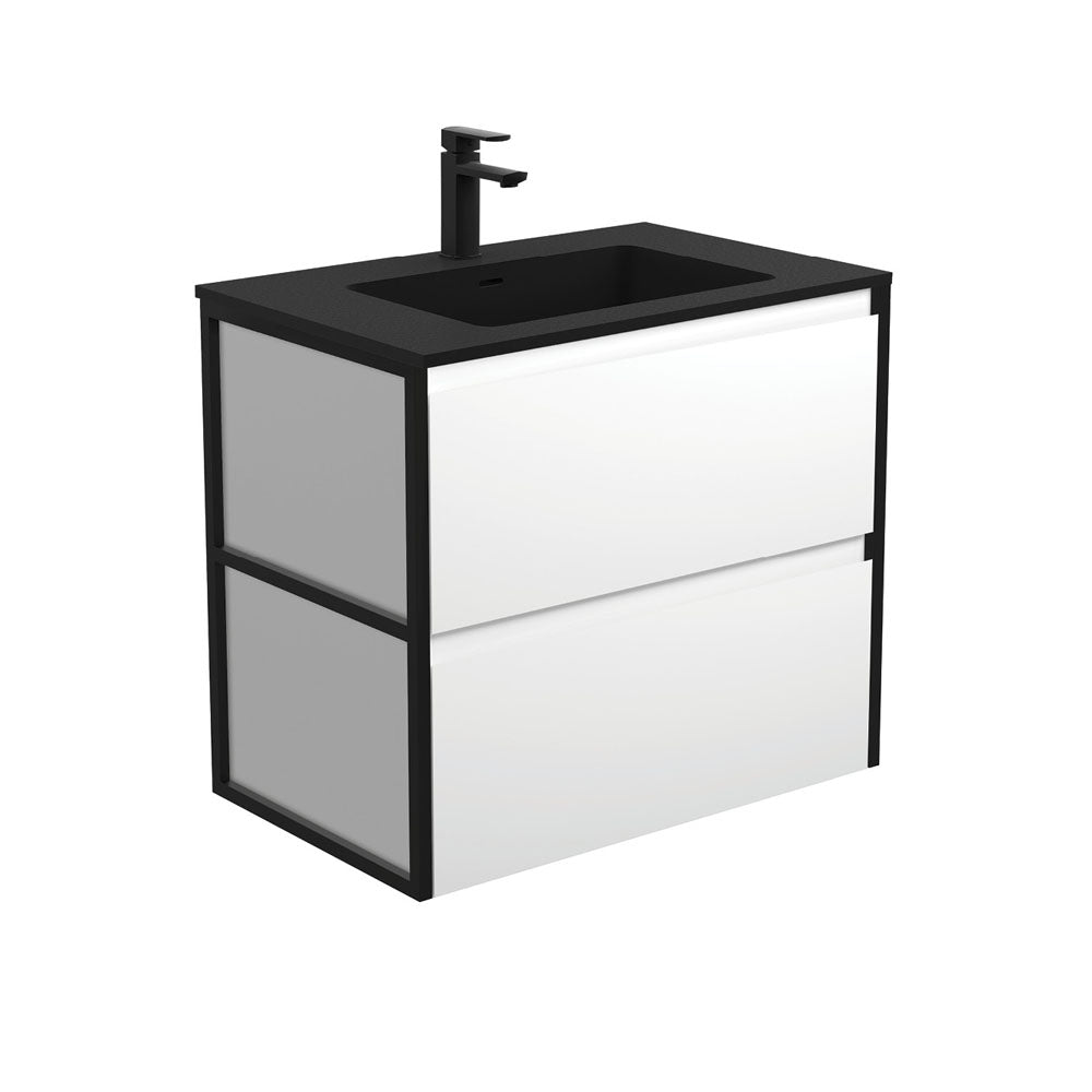 Fienza Montana Amato Wall Hung Vanity 750mm Satin White w/ Matte Black Frames (1 Taphole) MON75BWF