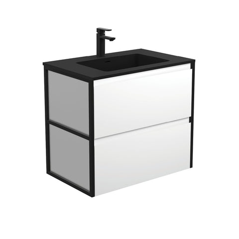 Fienza Montana Amato Wall Hung Vanity 750mm Satin White w/ Matte Black Frames (1 Taphole) MON75BWF