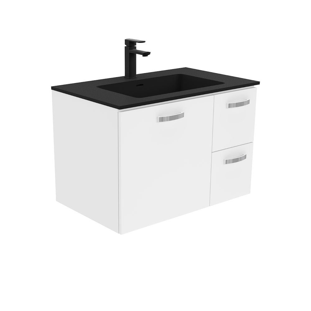 Fienza Montana Solid Surface Uni Wall Hung Cabinet Only 750mm Right Drawers w/ Handles (1 Taphole) Gloss White MON75JR