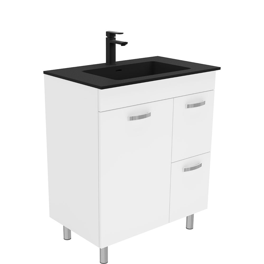 Fienza Montana Solid Surface Uni Cabinet Only 750mm Right Hand Drawers w/ Solid Doors (1 Taphole) Gloss White MON75NLWR