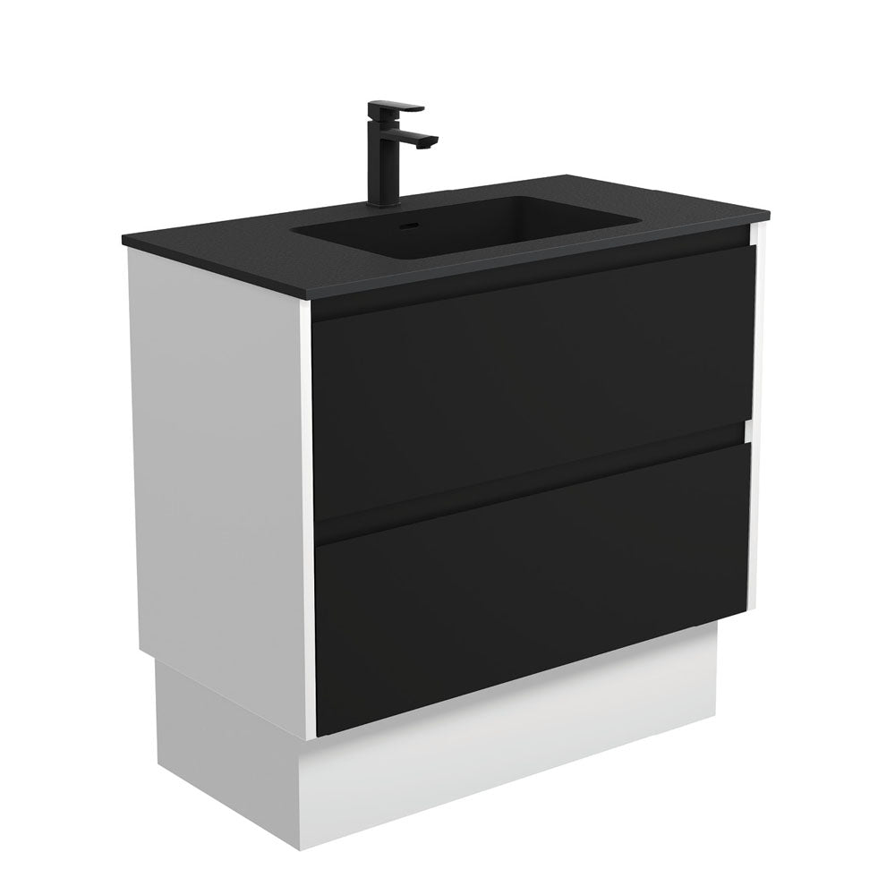 Fienza Montana Amato On Kickboard Vanity 900mm Satin Black w/ Satin White Panels (1 Taphole) MON90BBWK