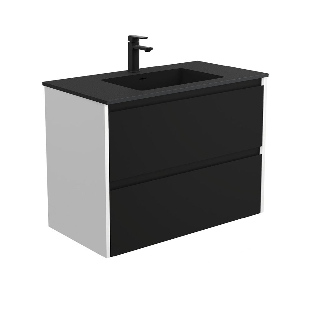 Fienza Montana Amato Wall Hung Vanity 900mm Satin Black w/ Satin White Panels (1 Taphole) MON90BBW