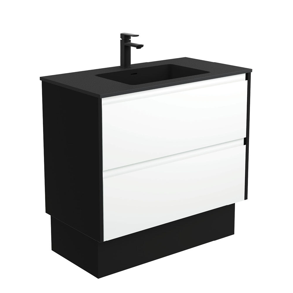 Fienza Montana Amato On Kickboard Vanity 900mm Satin White w/ Satin Black Panels (1 Taphole) MON90BWBK