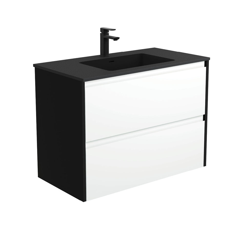 Fienza Montana Amato Wall Hung Vanity 900mm Satin White w/ Satin Black Panels (1 Taphole) MON90BWB