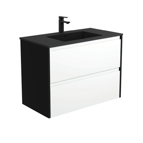 Fienza Montana Amato Wall Hung Vanity 900mm Satin White w/ Satin Black Panels (1 Taphole) MON90BWB