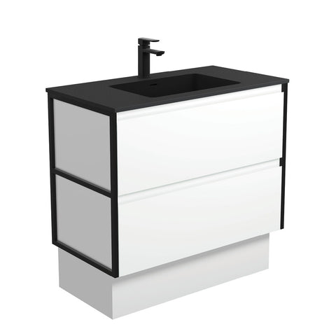 Fienza Montana Amato On Kickboard Vanity 900mm Satin White w/ Matte Black Frames (1 Taphole) MON90BWFK