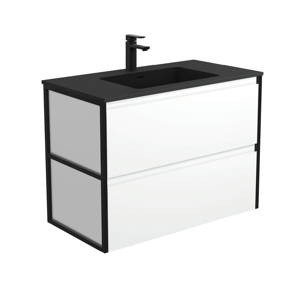 Fienza Montana Amato Wall Hung Vanity 900mm Satin White w/ Matte Black Frames (1 Taphole) MON90BWF
