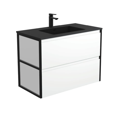 Fienza Montana Amato Wall Hung Vanity 900mm Satin White w/ Matte Black Frames (1 Taphole) MON90BWF