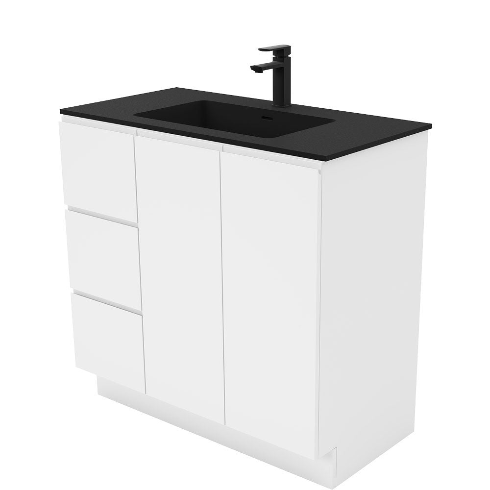 Fienza Montana Solid Surface On Kickboard Fingerpull Cabinet Only 900mm Left Drawers (1 Taphole) Gloss White MON90CL