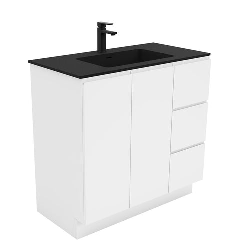 Fienza Montana Solid Surface On Kickboard Fingerpull Cabinet Only 900mm Right Drawers (1 Taphole) Gloss White MON90CR