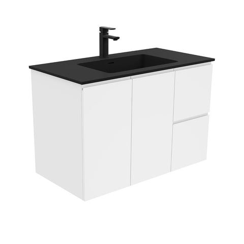 Fienza Montana Solid Surface Wall Hung Fingerpull Cabinet Only 900mm Right Drawers (1 Taphole) Gloss White MON90FR