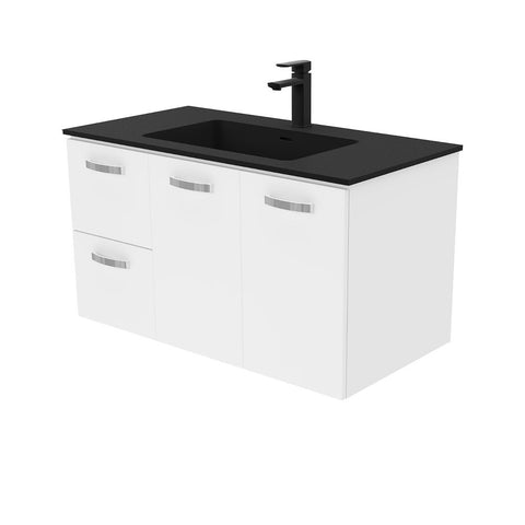 Fienza Montana Solid Surface Uni Wall Hung Cabinet Only 900mm Left Drawers w/ Handles (1 Taphole) Gloss White MON90JL