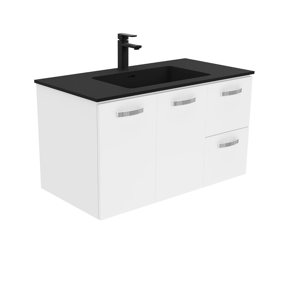 Fienza Montana Solid Surface Uni Wall Hung Cabinet Only 900mm Right Drawers w/ Handles (1 Taphole) Gloss White MON90JR