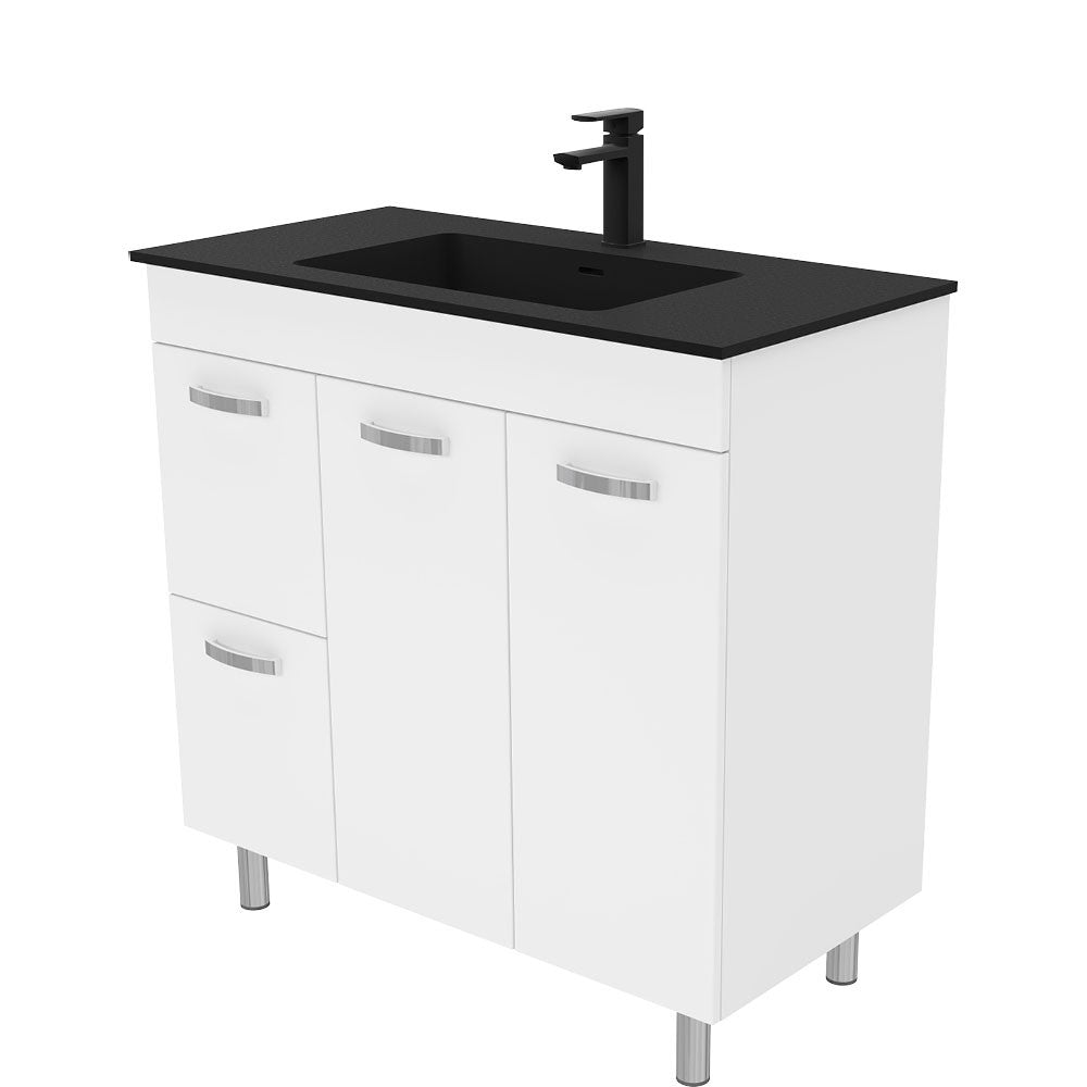 Fienza Montana Solid Surface Uni Cabinet Only 900mm Left Drawers w/ Solid Doors (1 Taphole) Gloss White MON90NLWL