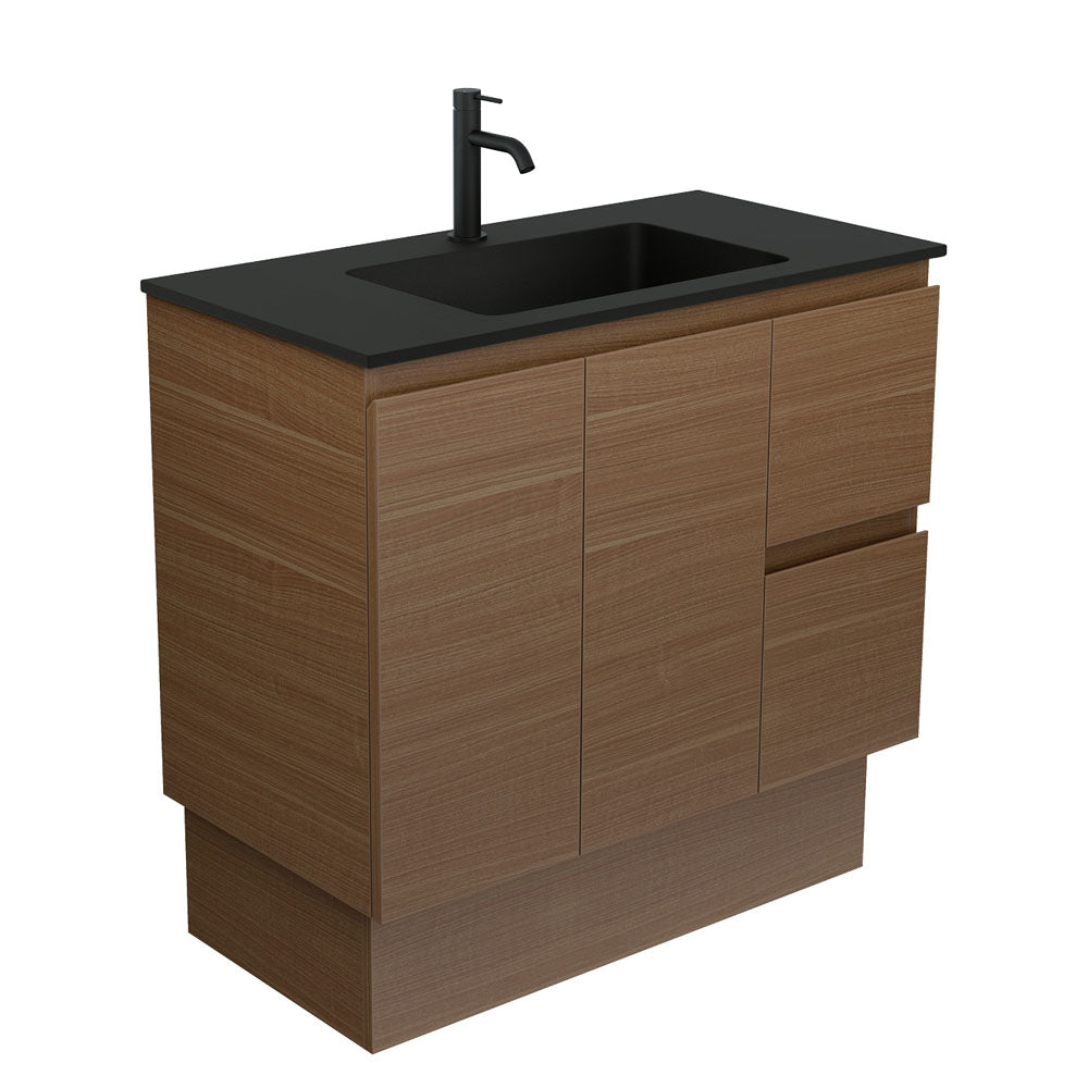 Fienza Montana Solid Surface On Kickboard Cabinet Only 900mm Right Drawers (1 Taphole) Walnut MON90WAKR