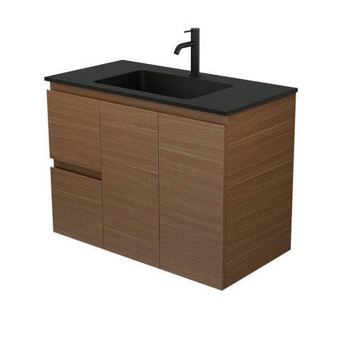 Fienza Montana Solid Surface Wall Hung Cabinet Only 900mm Left Drawers (1 Taphole) Walnut MON90WAL