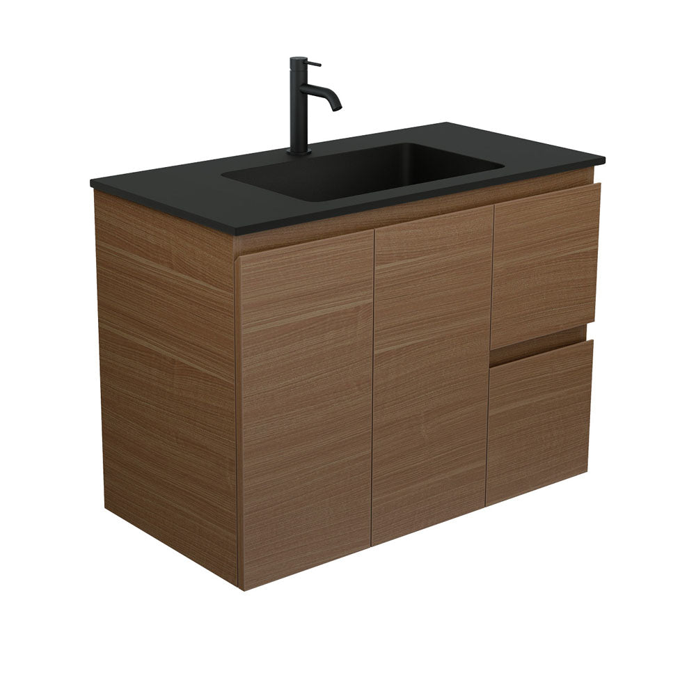 Fienza Montana Solid Surface Wall Hung Cabinet Only 900mm Right Drawers (1 Taphole) Walnut MON90WAR