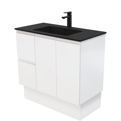 Fienza Montana Solid Surface Fingerpull On Kickboard Cabinet Only 900mm Left Drawers (1 Taphole) Satin White MON90ZKL