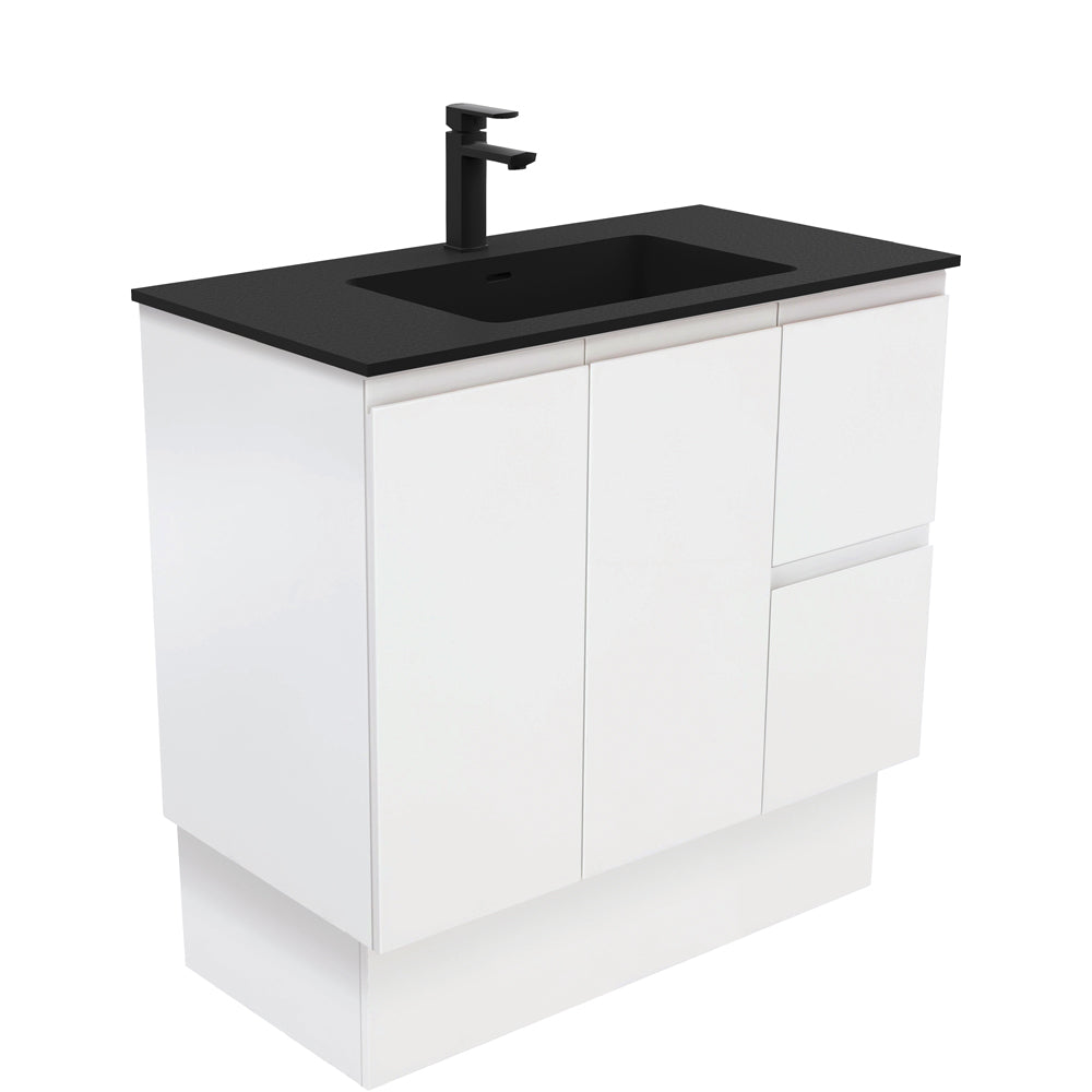 Fienza Montana Solid Surface Fingerpull On Kickboard Cabinet Only 900mm Right Drawers (1 Taphole) Satin White MON90ZKR