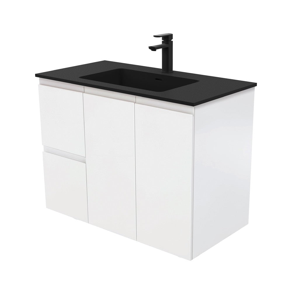 Fienza Montana Solid Surface Fingerpull Wall Hung Cabinet Only 900mm Left Drawers (1 Taphole) Satin White MON90ZL
