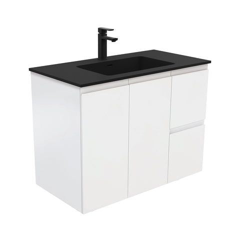 Fienza Montana Solid Surface Fingerpull Wall Hung Cabinet Only 900mm Right Drawers (1 Taphole) Satin White MON90ZR