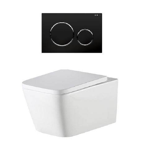 Oliveri Munich Toilet Suite Wall Hung w/ Black Flush Plate Round Buttons White MU503RDPPBK