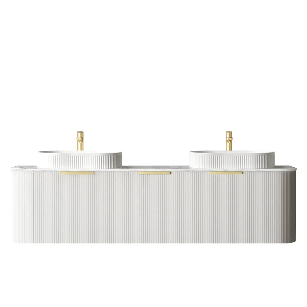Otti Bondi Wall Hung Curve Vanity 1800mm Fluted Satin White w/ Natural Carrara Marble Top BO1800WST-NCA