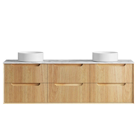 Otti Byron Wall Hung Vanity Fluted 1800mm Woodland Oak w/ Undermount Woodland Carrara Marble Top & Basin BYW1800LSTUD-NCA-UB