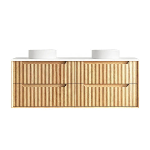 Otti Byron Wall Hung Vanity Fluted 1500mm Woodland Oak w/ Pure White Top BYW1500LSTUD-PW