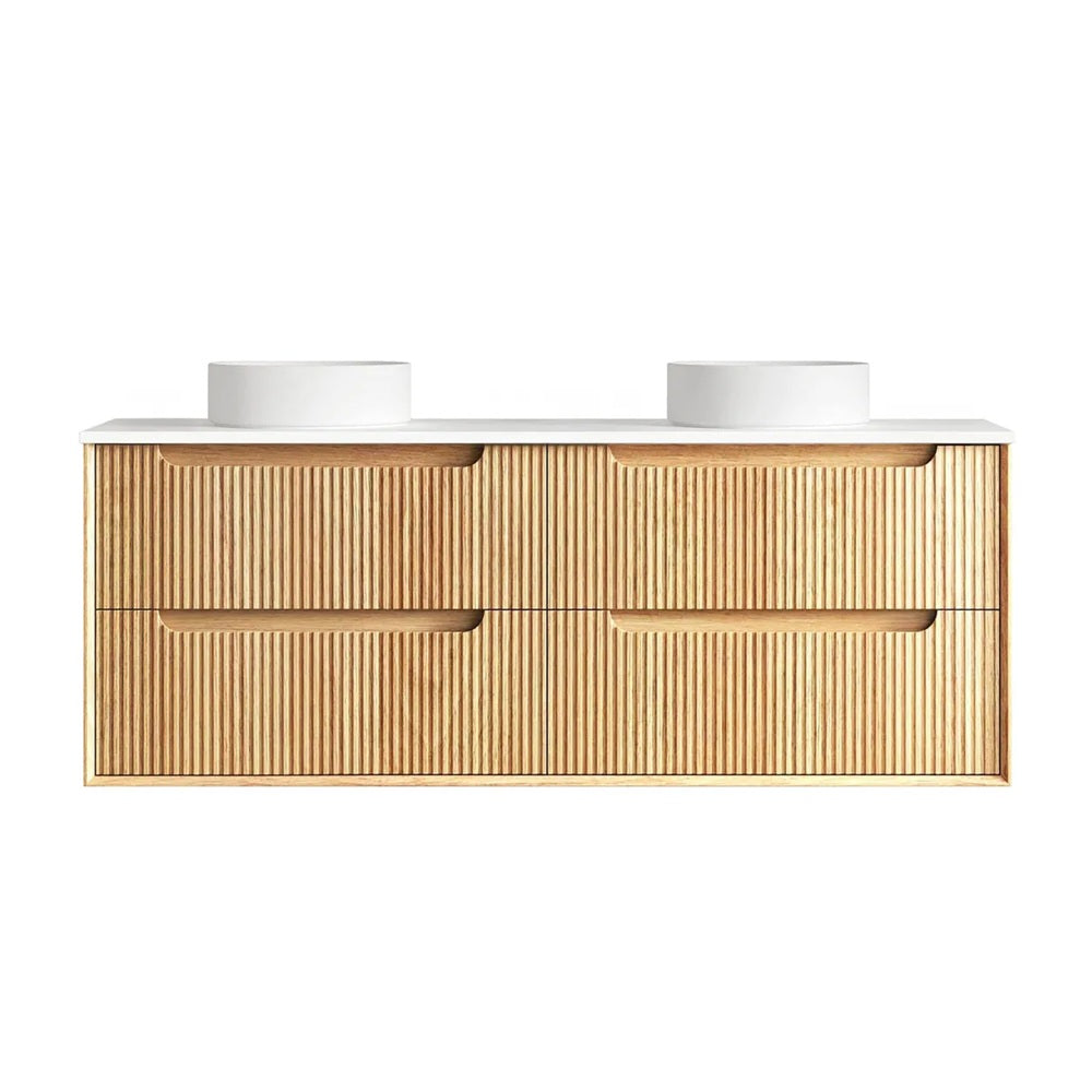 Otti Byron Wall Hung Vanity Fluted 1500mm Woodland Oak w/ Matte White Top BYW1500LSTUD-MW