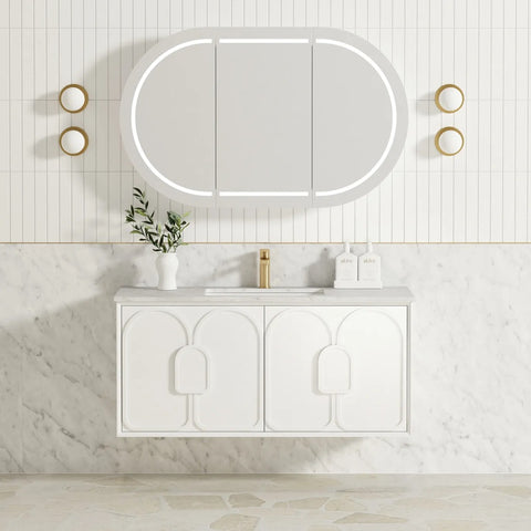Otti Laguna Mk II Wall Hung Vanity 1200mm Matte White w/ Undermount Natural Carrara Marble Top & Basin LGM1200WSTUD-NCA-UB