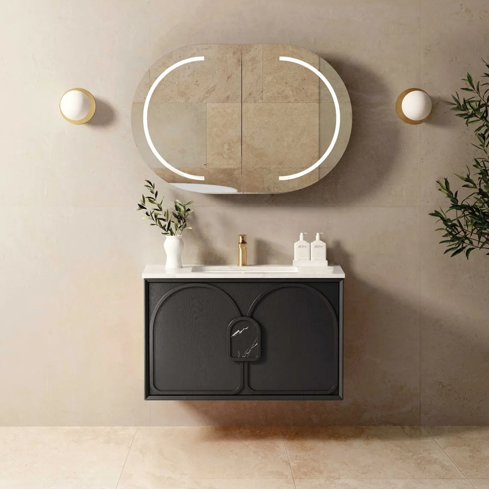 Otti Laguna Mk II Wall Hung Vanity 900mm Black Oak w/ Undermount Natural Carrara Marble Top & Basin LGM900BSTUD-NCA-UB