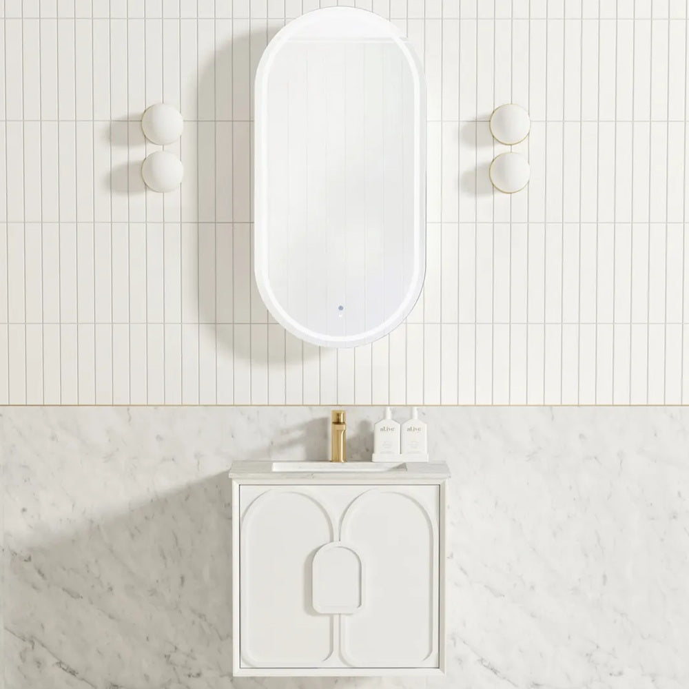 Otti Laguna Mk II Wall Hung Vanity 600mm Matte White w/ Undermount Natural Carrara Marble Top & Basin LGM600WSTUD-NCA-UB