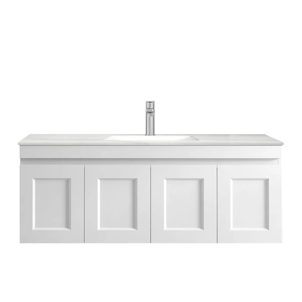 Otti Hampton Mark II Wall Hung Vanity 1200mm Satin White w/ Undermount Natural Carrara Marble Top & Basin HPM1200WSTUD-NCA-UB