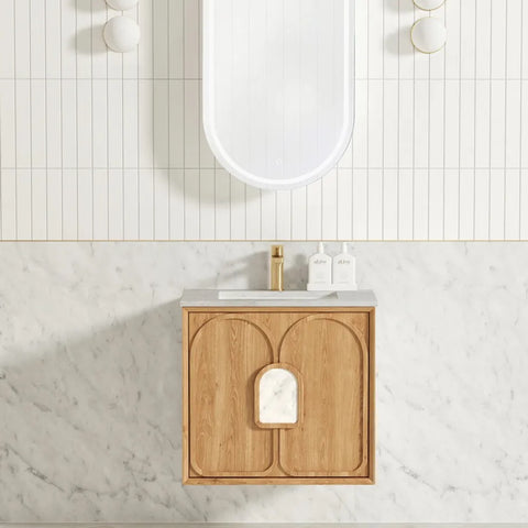 Otti Laguna Mk II Wall Hung Vanity 600mm Natural Woodland Oak w/ Undermount Natural Carrara Marble Top & Basin LGM600NSTUD-NCA-UB