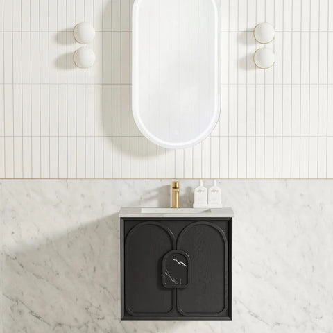 Otti Laguna Mk II Wall Hung Vanity 600mm Black Oak w/ Undermount Natural Carrara Marble Top & Basin LGM600BSTUD-NCA-UB