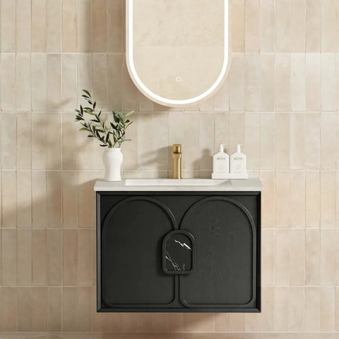 Otti Laguna Mk II Wall Hung Vanity 750mm Black Oak w/ Undermount Natural Carrara Marble Top & Basin LGM750BSTUD-NCA-UB