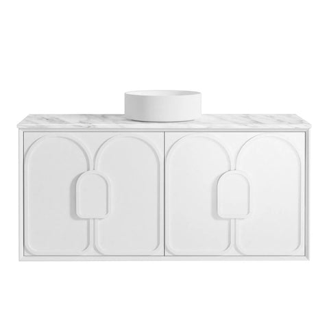 Otti Laguna Mk II Wall Hung Vanity 1200mm Matte White w/ Natural Carrara Marble Top LGM1200WSTUD-NCA