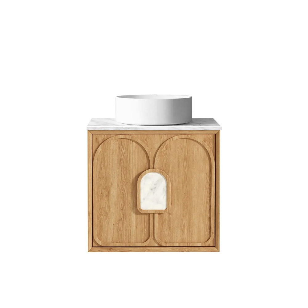 Otti Laguna Mk II Wall Hung Vanity 600mm Natural Woodland Oak w/ Natural Carrara Marble Top LGM600NSTUD-NCA