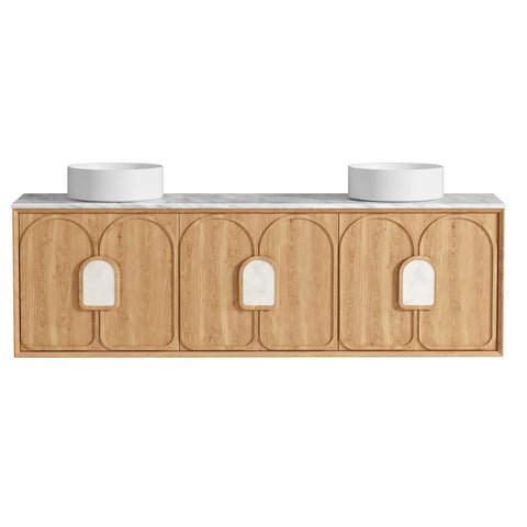 Otti Laguna Mk II Wall Hung Vanity 1800mm Natural Woodland Oak w/ Natural Carrara Marble Top LGM1800NSTUD-NCA