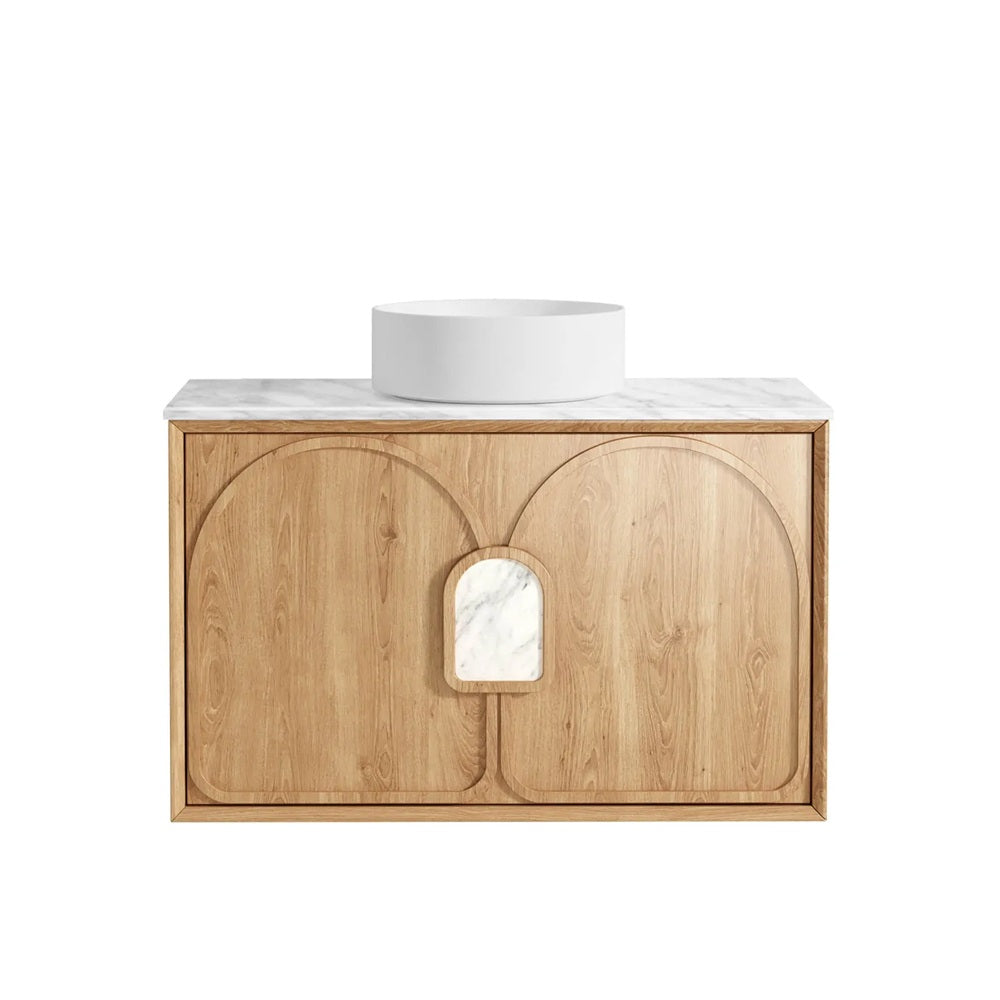 Otti Laguna Mk II Wall Hung Vanity 900mm Natural Woodland Oak w/ Natural Carrara Marble Top LGM900NSTUD-NCA