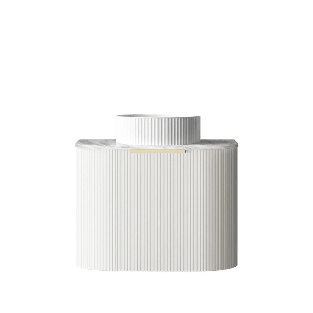 Otti Bondi Wall Hung Curve Vanity 600mm Fluted Satin White w/ Natural Carrara Marble Top BO600WST-NCA