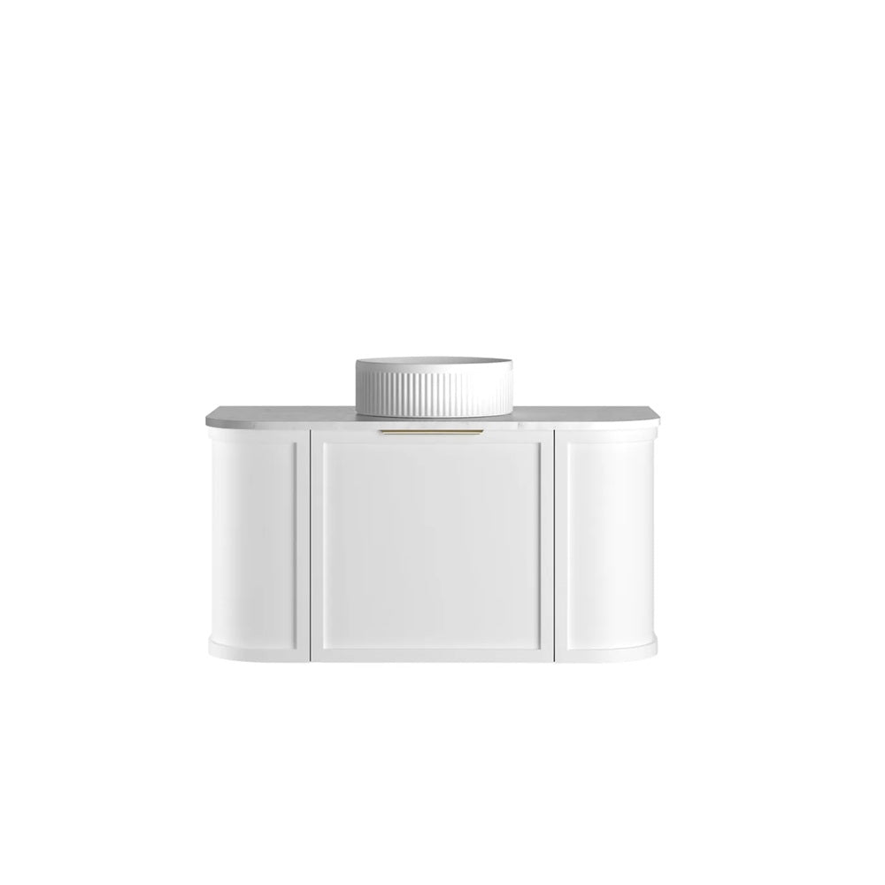 Otti Hampshire Wall Hung Curve Vanity 900mm Satin White w/ Natural Carrara Marble Top BOH900WST-NCA