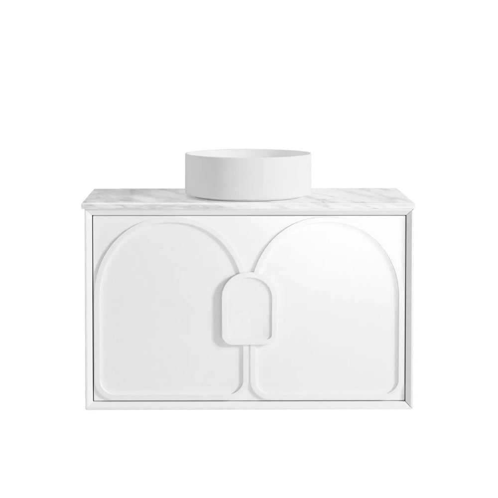 Otti Laguna Mk II Wall Hung Vanity 900mm Matte White w/ Cloudy Carrara Top LGM900WSTUD-CA