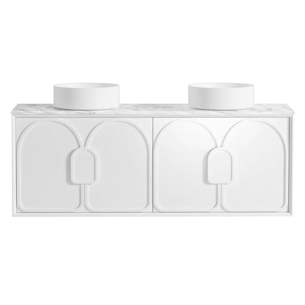 Otti Laguna Mk II Wall Hung Vanity 1500mm Matte White w/ Natural Carrara Marble Top LGM1500WSTUD-NCA