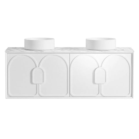 Otti Laguna Mk II Wall Hung Vanity 1500mm Matte White w/ Natural Carrara Marble Top LGM1500WSTUD-NCA