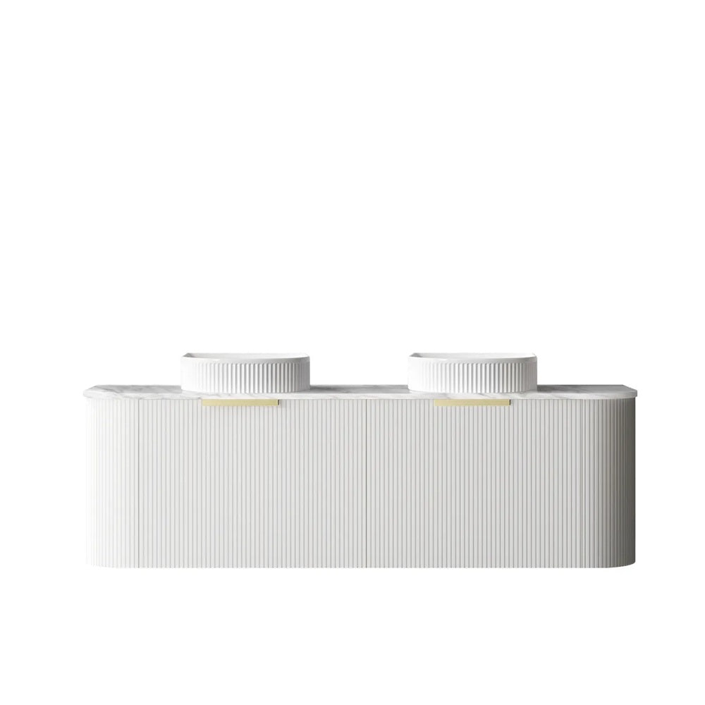 Otti Bondi Wall Hung Curve Vanity 1500mm Fluted Satin White w/ Natural Carrara Marble Top BO1500WST-NCA