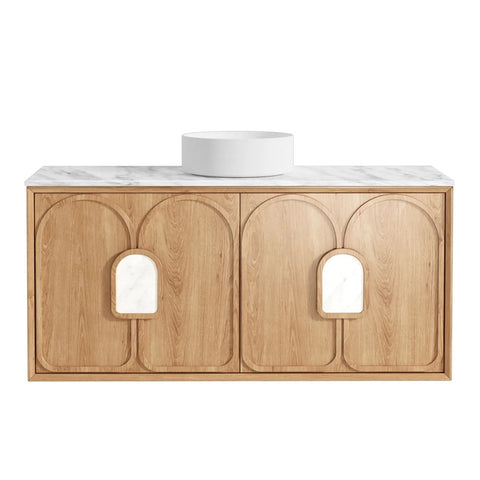 Otti Laguna Mk II Wall Hung Vanity 1200mm Natural Woodland Oak w/ Cloudy Carrara Top LGM1200NSTUD-CA