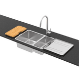 Abey Lago Sink 1 & 1/3 Bowl 650x440mm Topmount/Undermount (Inc. Mixer, Tray & Chopping Board) Stainless Steel NL180T12 (KTA037-BR Mixer)