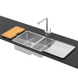 Abey Lago Sink 1 & 1/3 Bowl 650x440mm Topmount/Undermount (Inc. Mixer, Tray & Chopping Board) Stainless Steel NL180T13 (KTA030-BR Mixer)